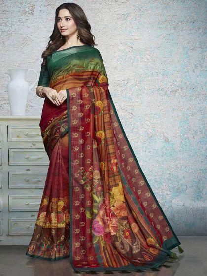 Persian Red Linen Silk Casual Printed Saree