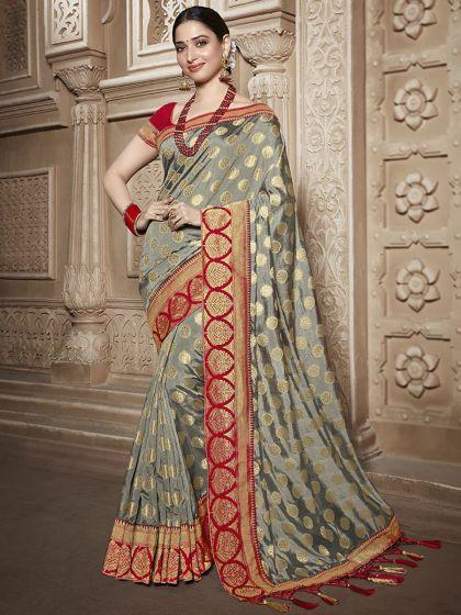 Silver Gray Silk Embroidered Party Saree