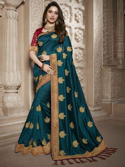 Prussian Blue Silk Embroidered Party Saree