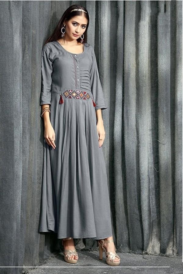 Grey Pure Rayon Slub Kurti