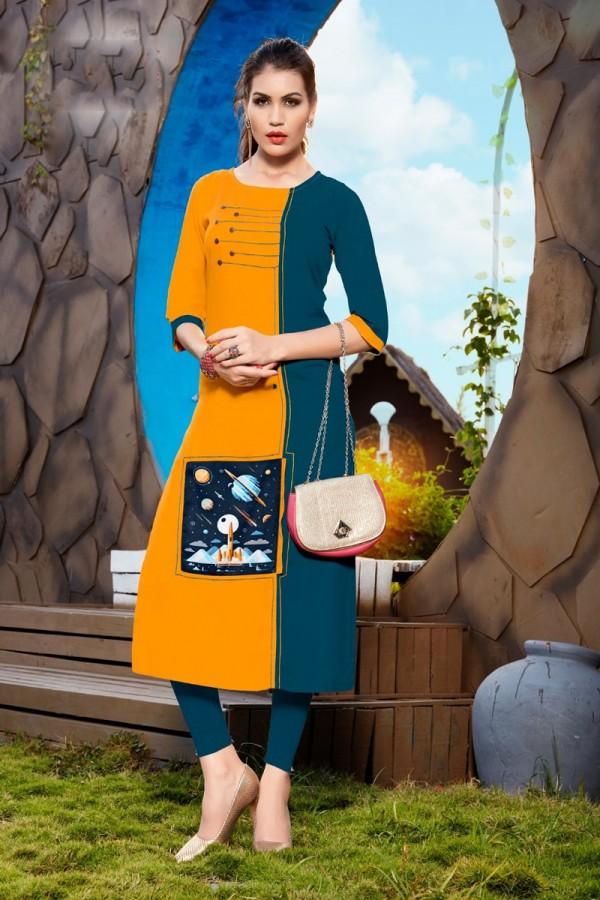 Mustard & Aqua Rayon with Digital Print Kurti