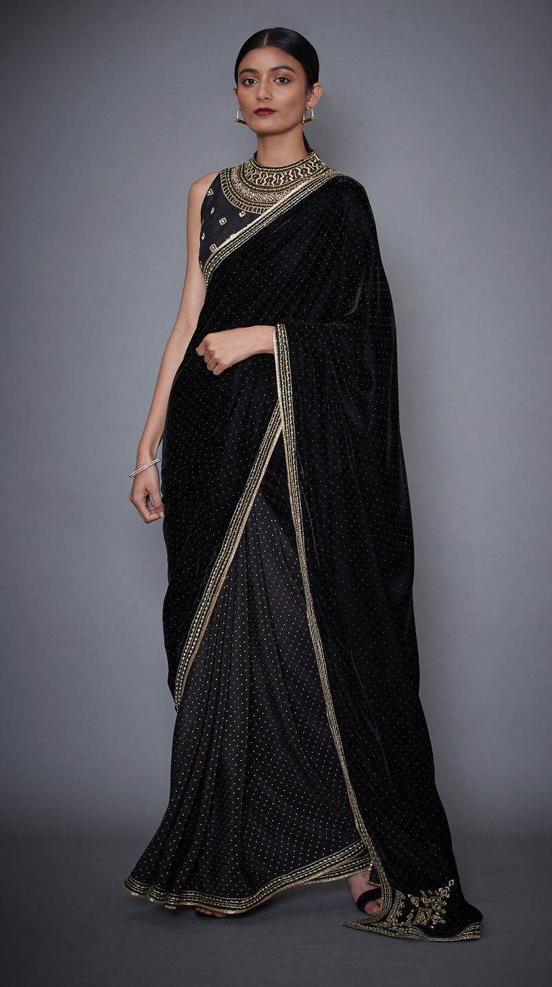 BLACK EMBROIDERED VELVET SAREE WITH STITCHED BLOUSE