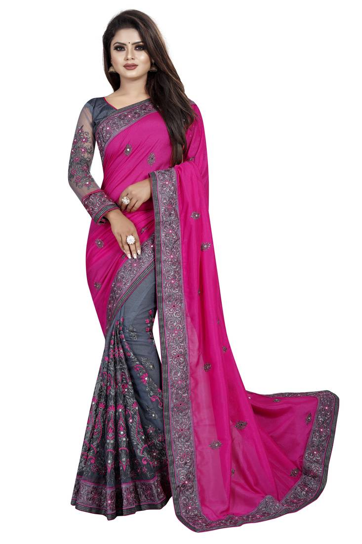PINK AND NET EMBRIODERED SAREE WITH BLOUSE PIECE