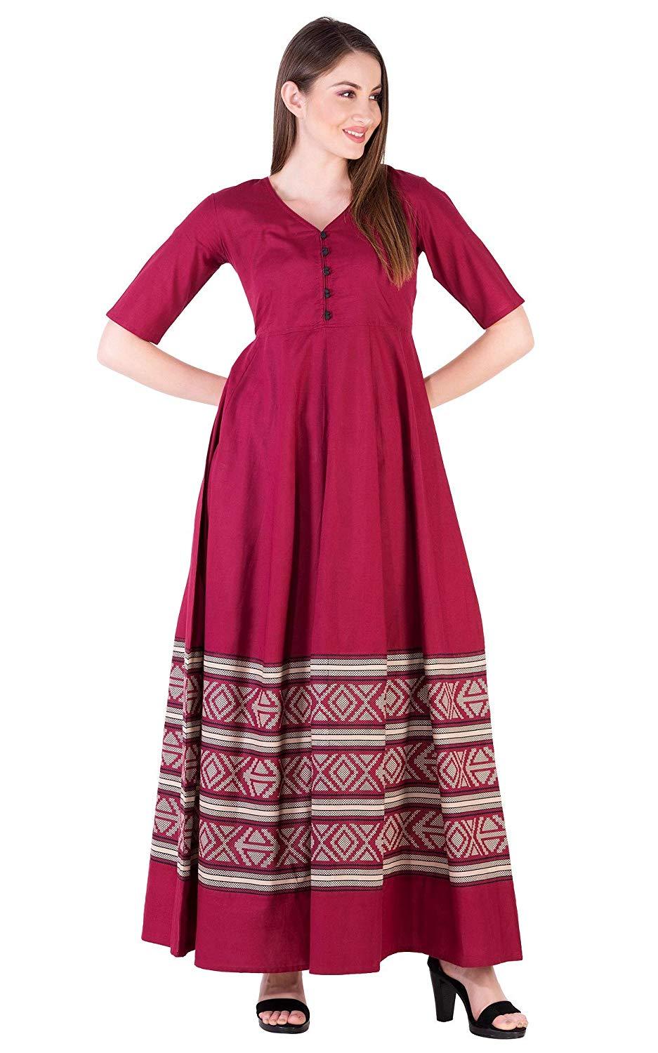 Women Cotton Anarkali Kurti(Maroon)