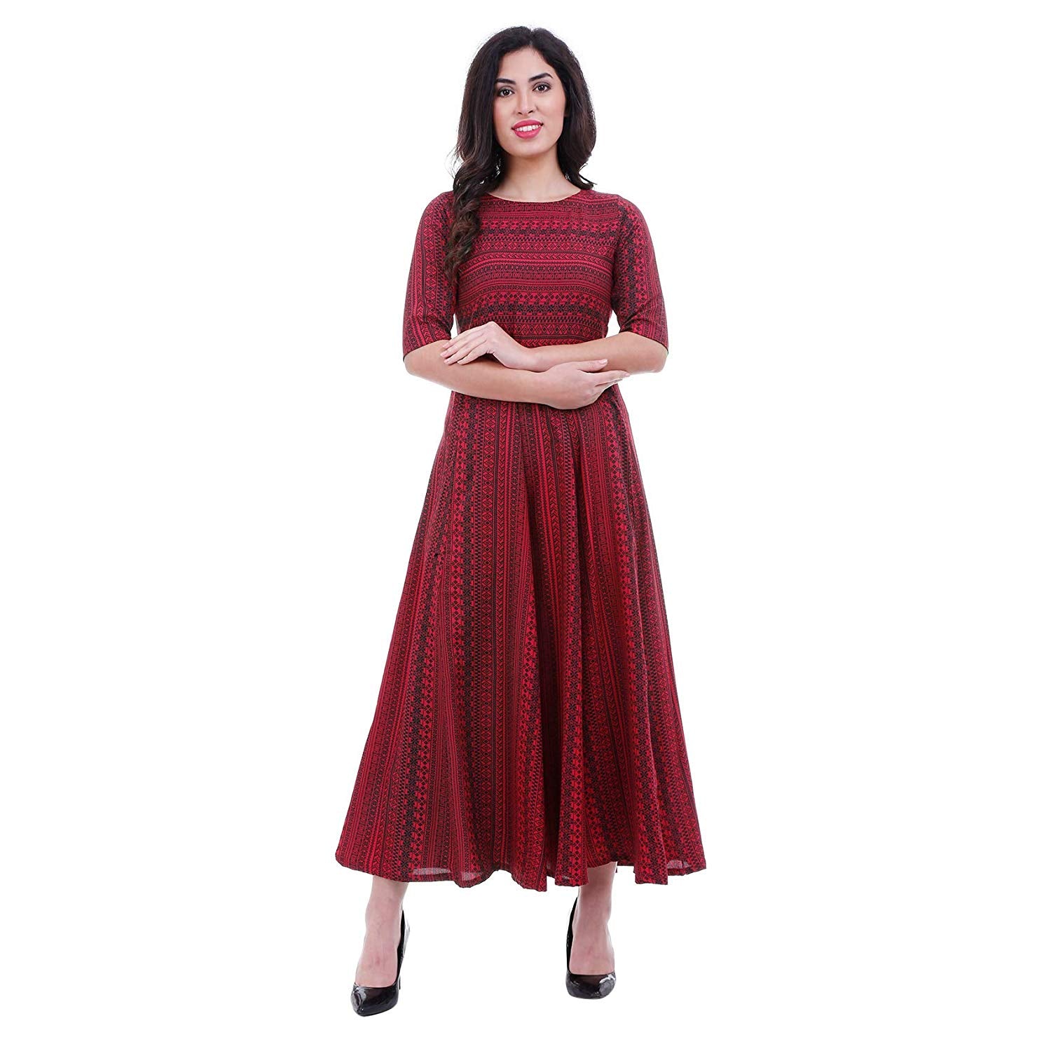 Women's Maroon Border Print Designer Maxi Dress