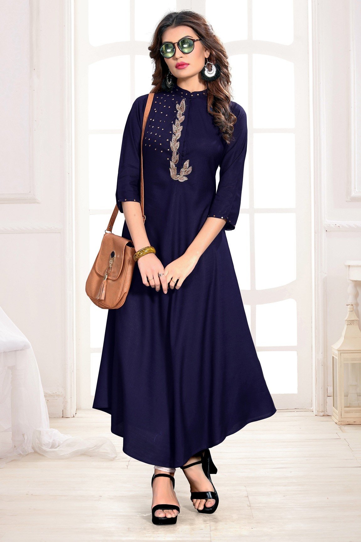 Navy Blue Rayon Embroidered Kurti
