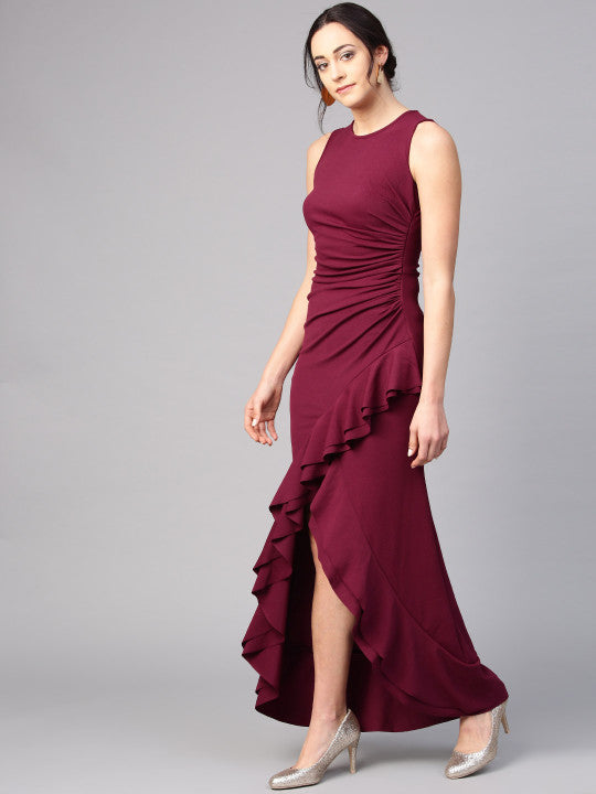 Women Burgundy Solid Maxi Dress