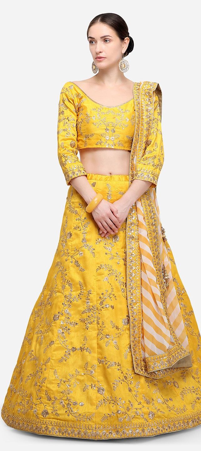 Silk Mehendi Sangeet Lehenga in Yellow with Thread work