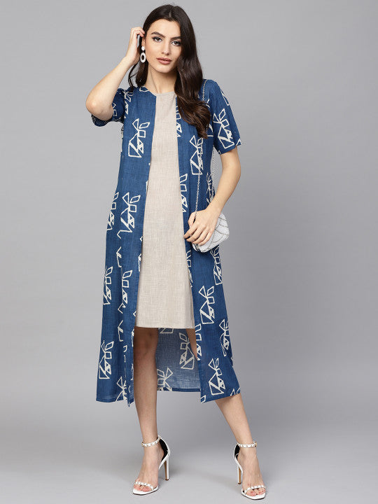 Women Grey Solid Sheath Dress with Longline Ethnic Jacket