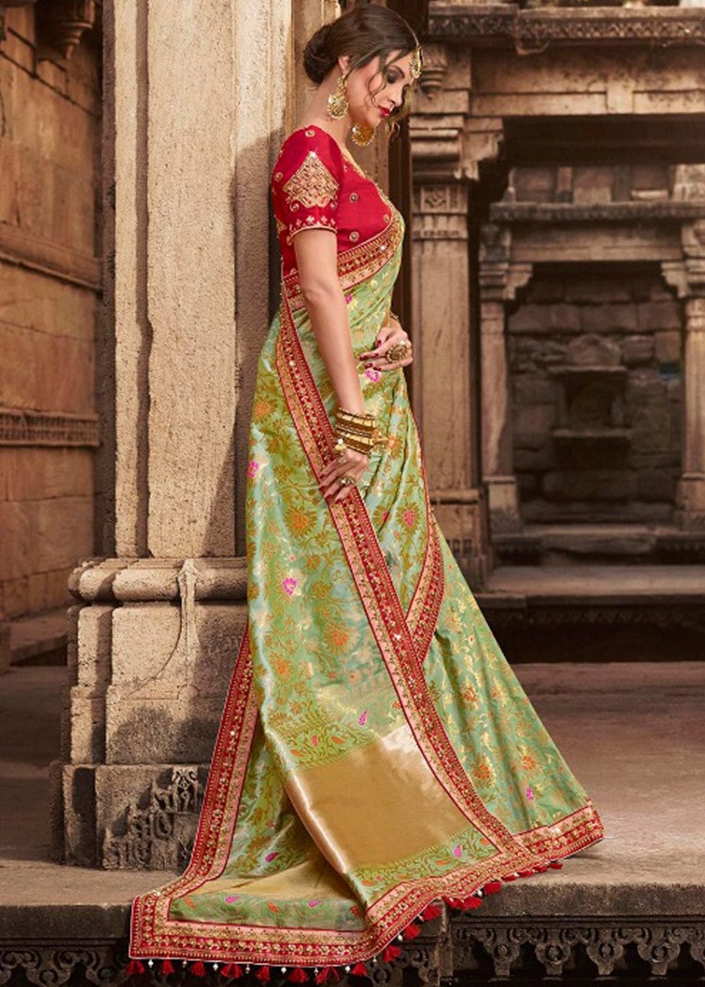 Light Green Woven Art Silk Saree With Heavy Blouse