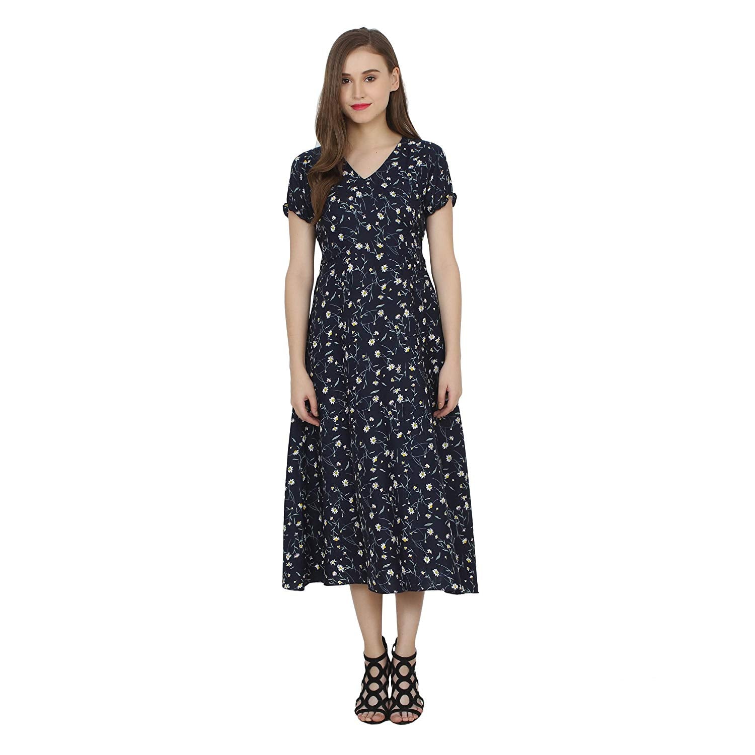 Women's Crepe Short Sleeve V Neck Crepe Maxi Dress