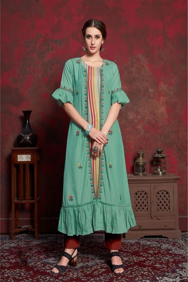 Pista Pure muslin & Mulayam fancy Fabric Kurti with Shrug