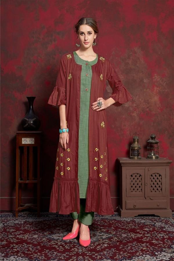 Maroon & Green Pure muslin & Mulayam fancy Fabric Kurti with Shrug