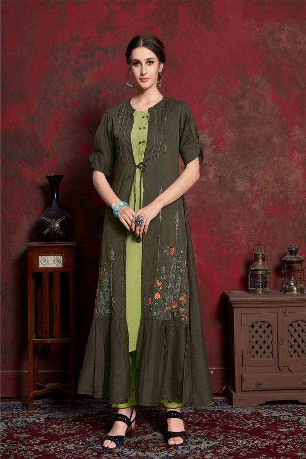 Pine & Olive Pure muslin & Mulayam fancy Fabric Kurti with Shrug
