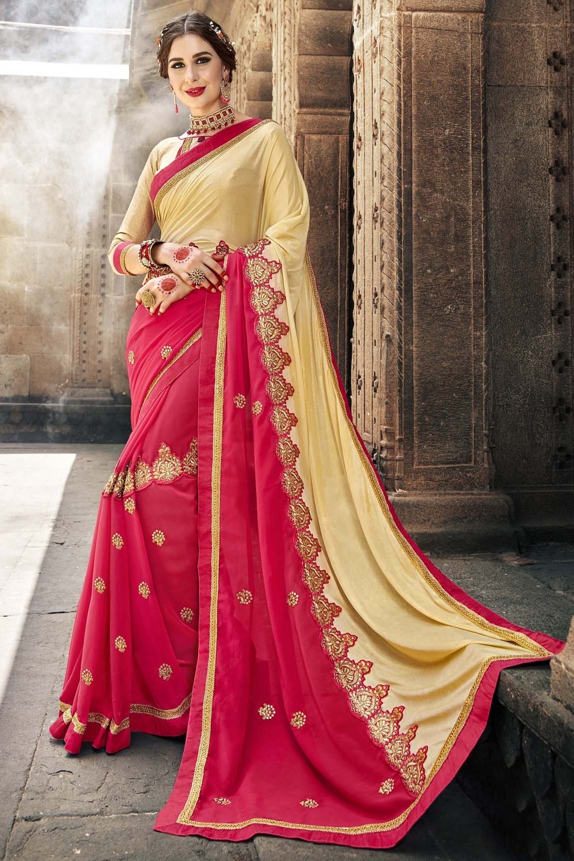Fancy Fabric Cream & Pink Embroidered With Stone Work Saree