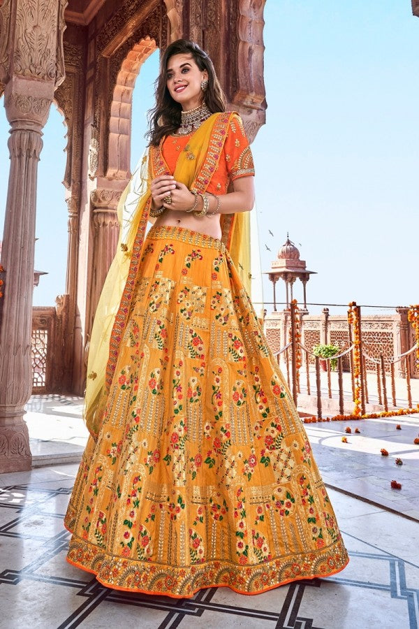 Embroidered Mustard Silk Lehenga Choli