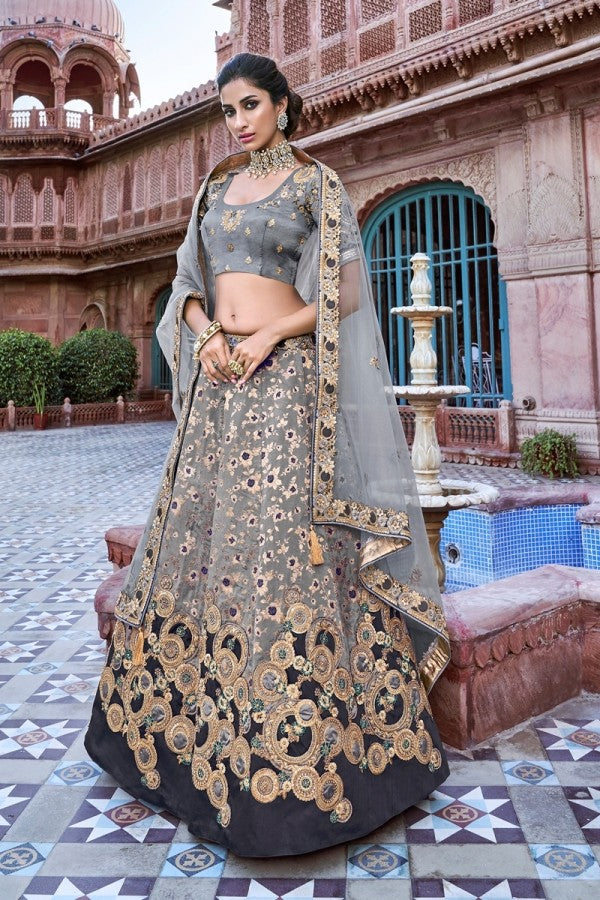 Grey Silk Jacquard & Thred & Coding Embroidered and Stone Work Lehenga Choli