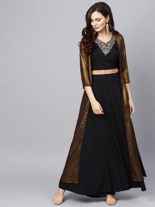 Women Black & Golden Solid Top with Skirt & Ethnic Jacket
