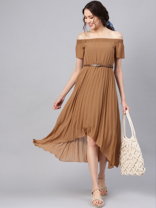 Women Brown Accordian Pleats Off-Shoulder A-Line Dress