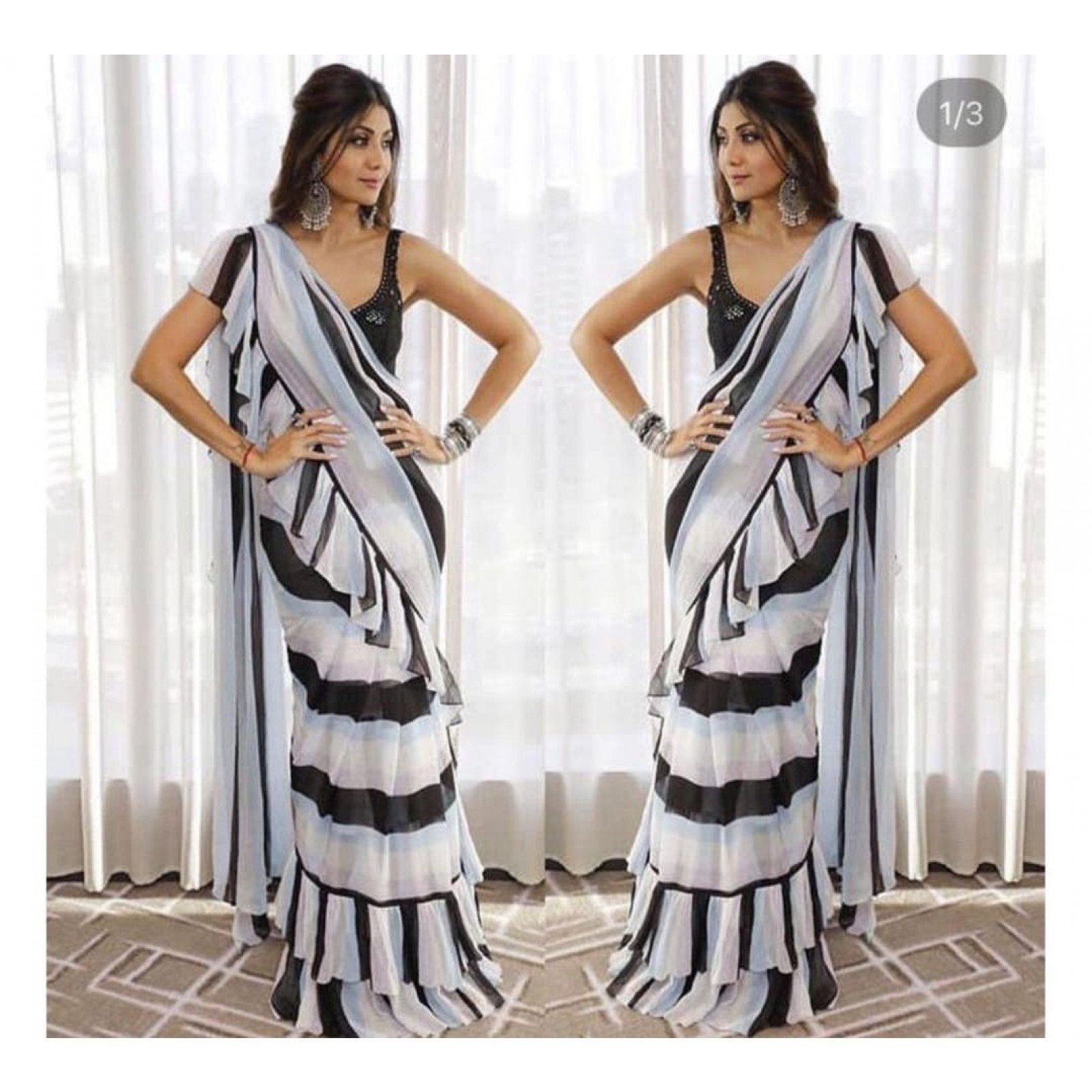 Bollywood Party Wear Black White Frill Saree