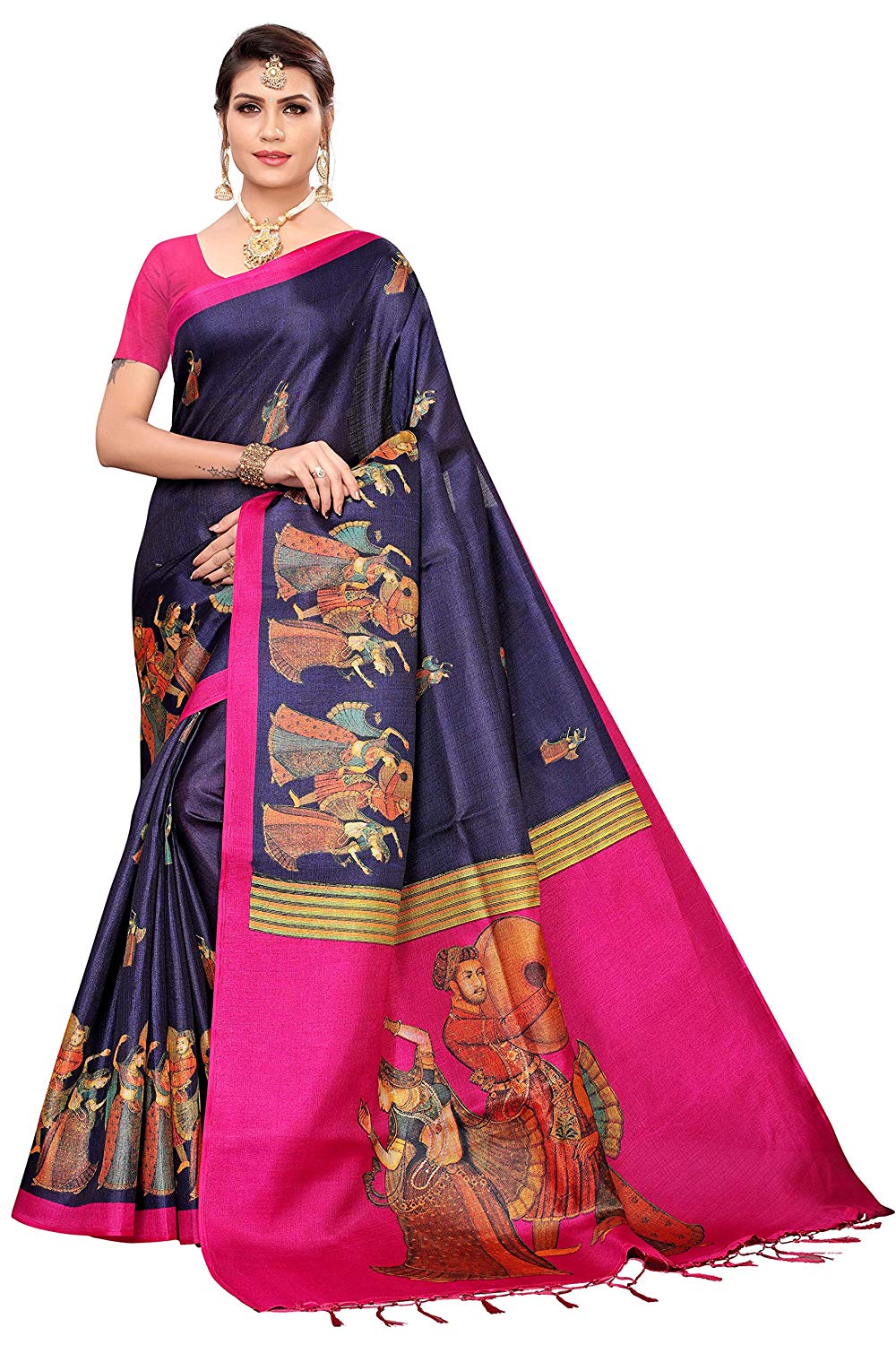 Women's Khadi Silk Printed Saree Border Tassels With Blouse