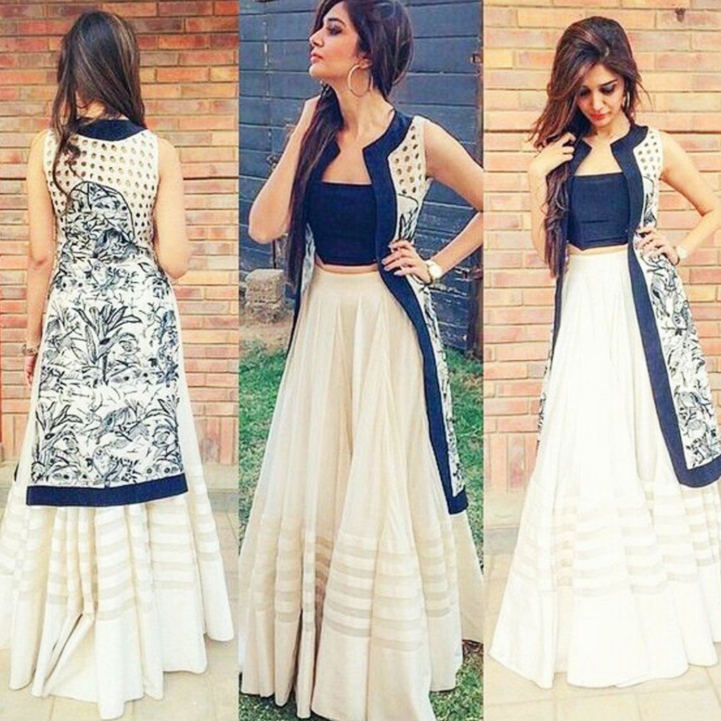 Long Skirt With Crop Top And Jacket- Stylish Indo Western Dress