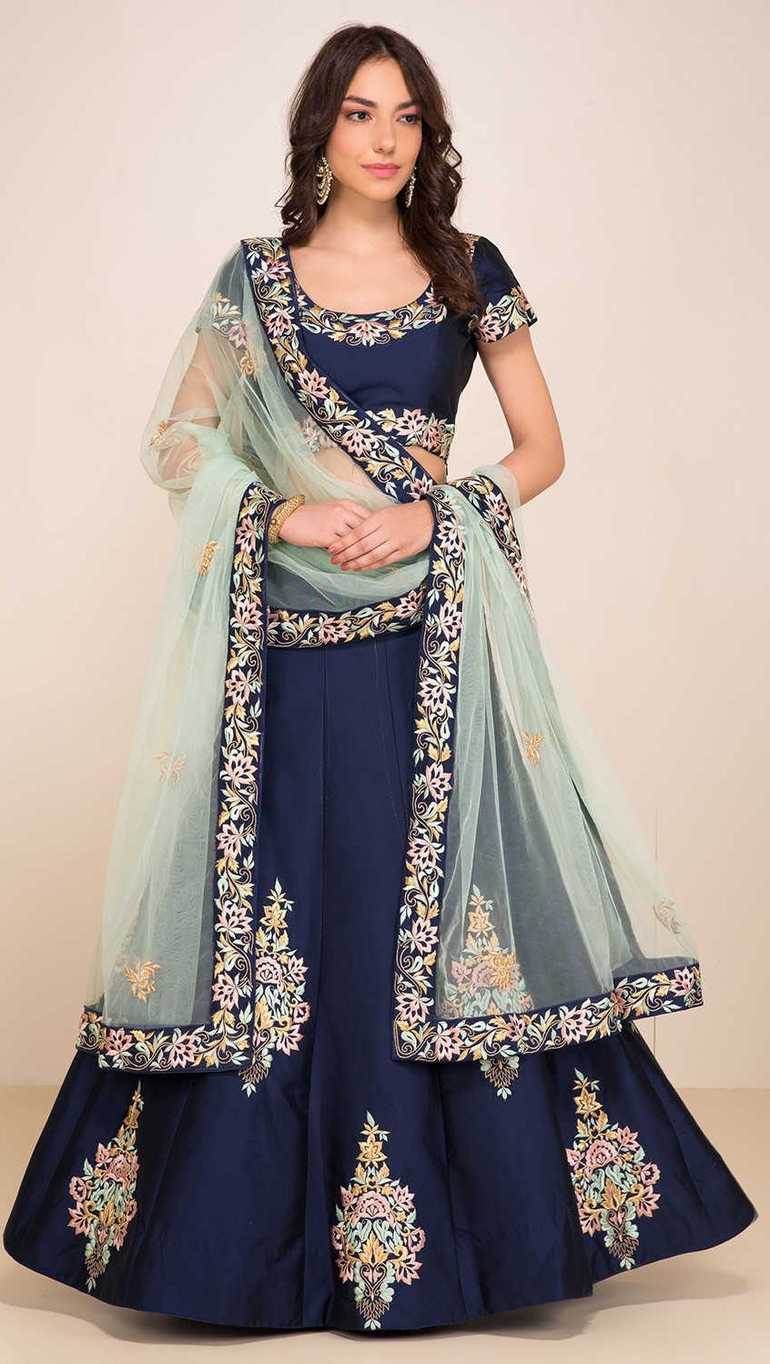 Taffeta Silk Mehendi Sangeet Lehenga in Blue with Embroidered work