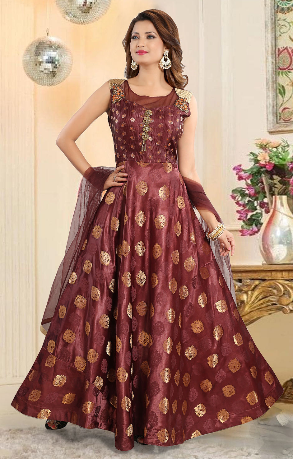 Brocade Wedding Gown in Beige and Brown with Patch work