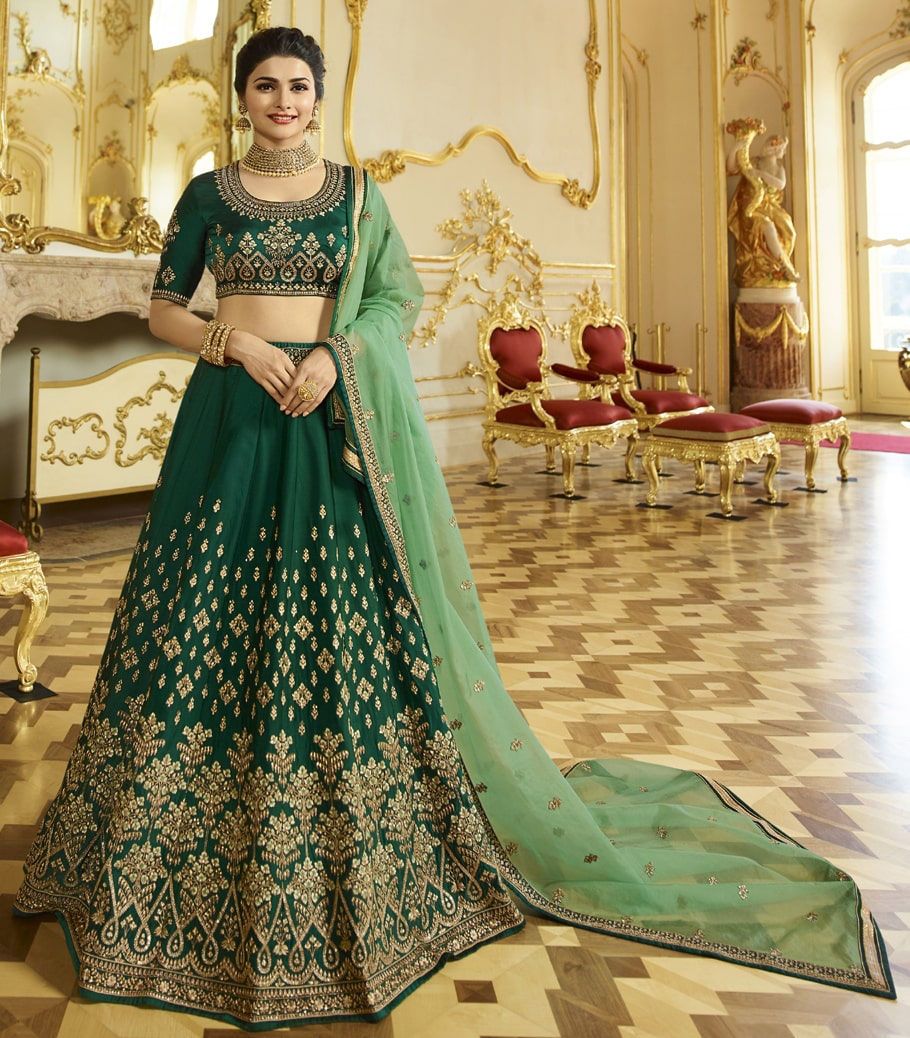 Satin Silk Bollywood Lehenga in Green with Zari work