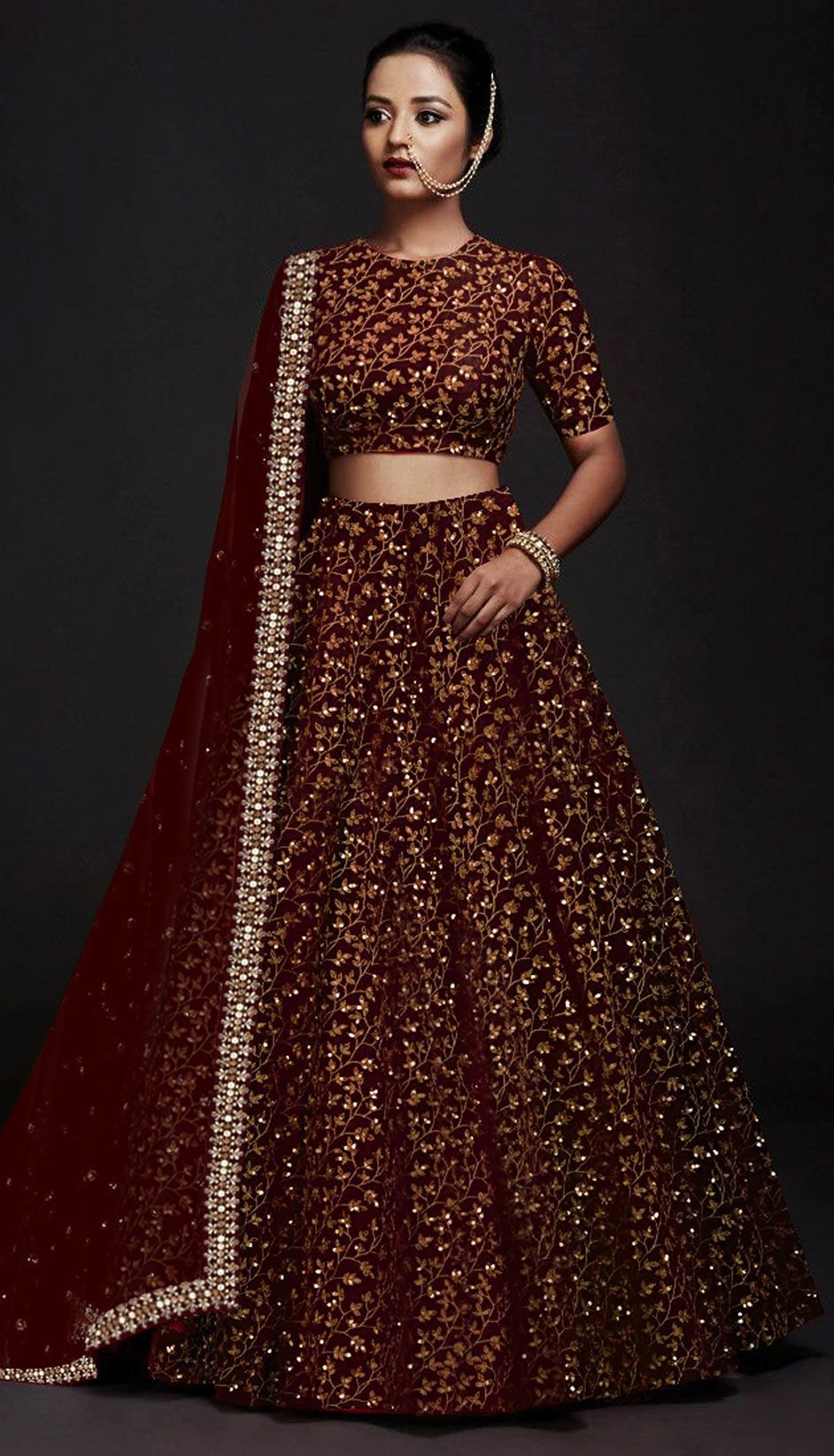 Raw Silk Mehendi Sangeet Lehenga in Red and Maroon with Thread work