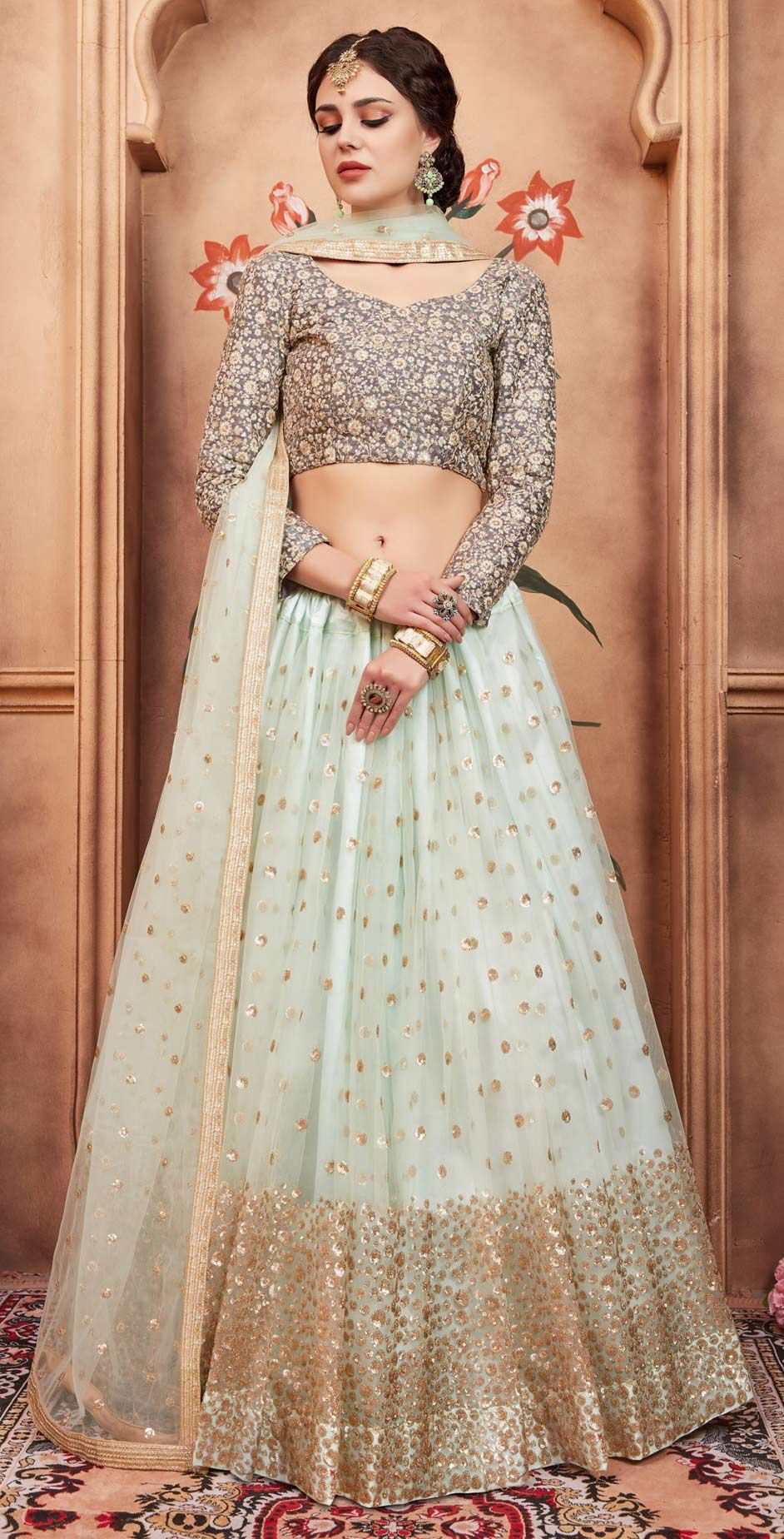 Net Party Wear Lehenga in Blue with Thread work