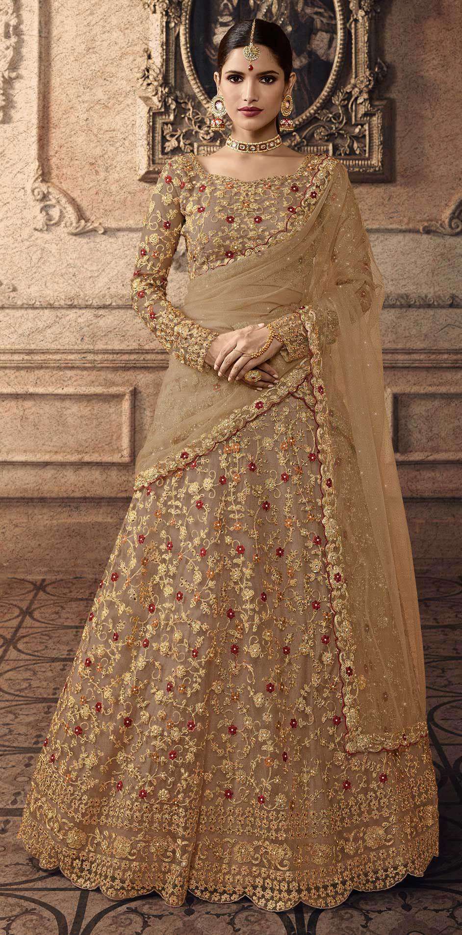 Net Wedding Lehenga in Beige and Brown with Stone work