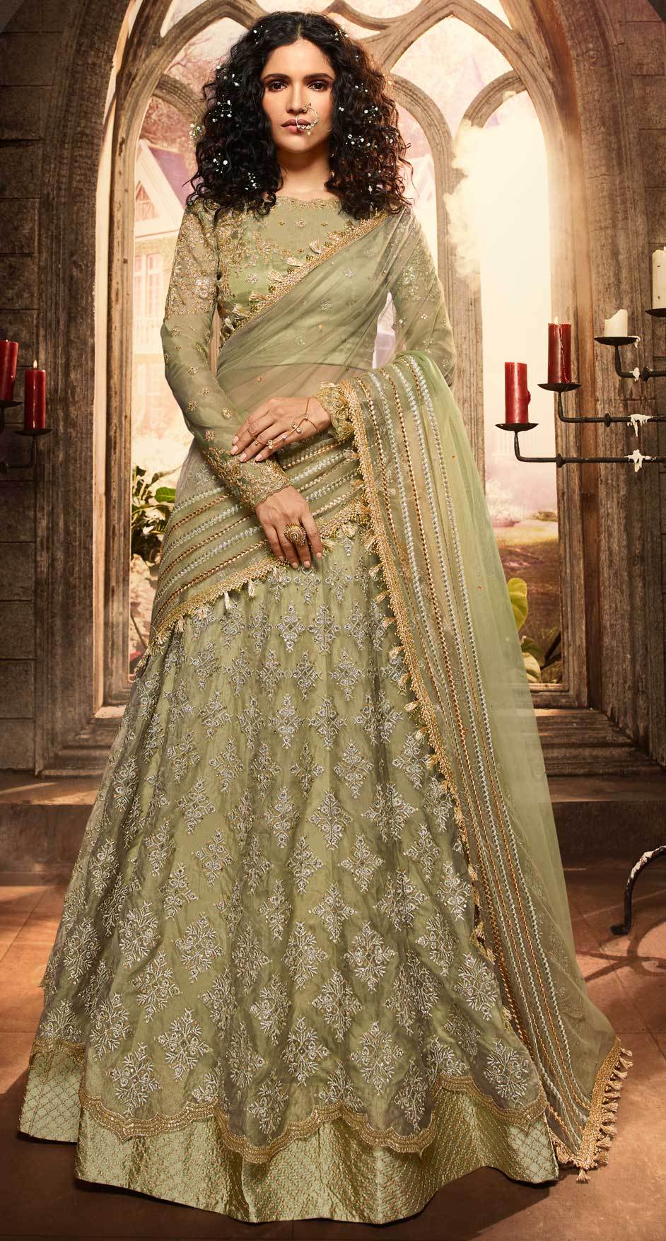 Net Bollywood Lehenga in Green with Zari work
