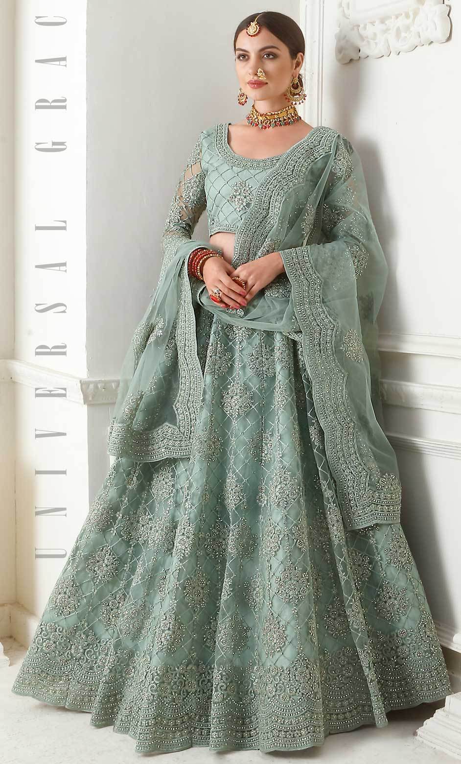 Net Festive Lehenga in Blue with Resham work