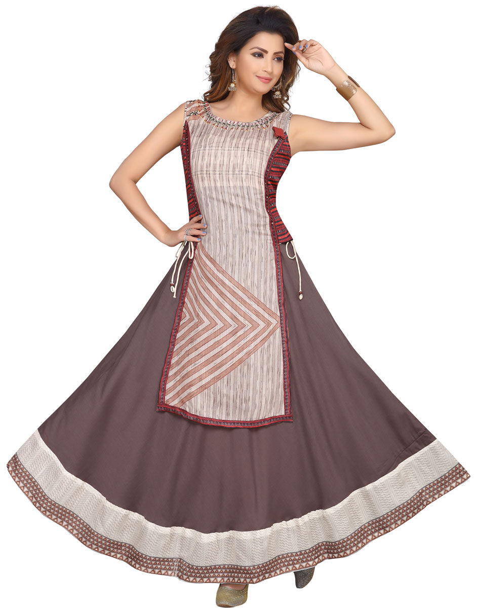 Muslin Party Wear Kurti in Beige and Brown with Printed work