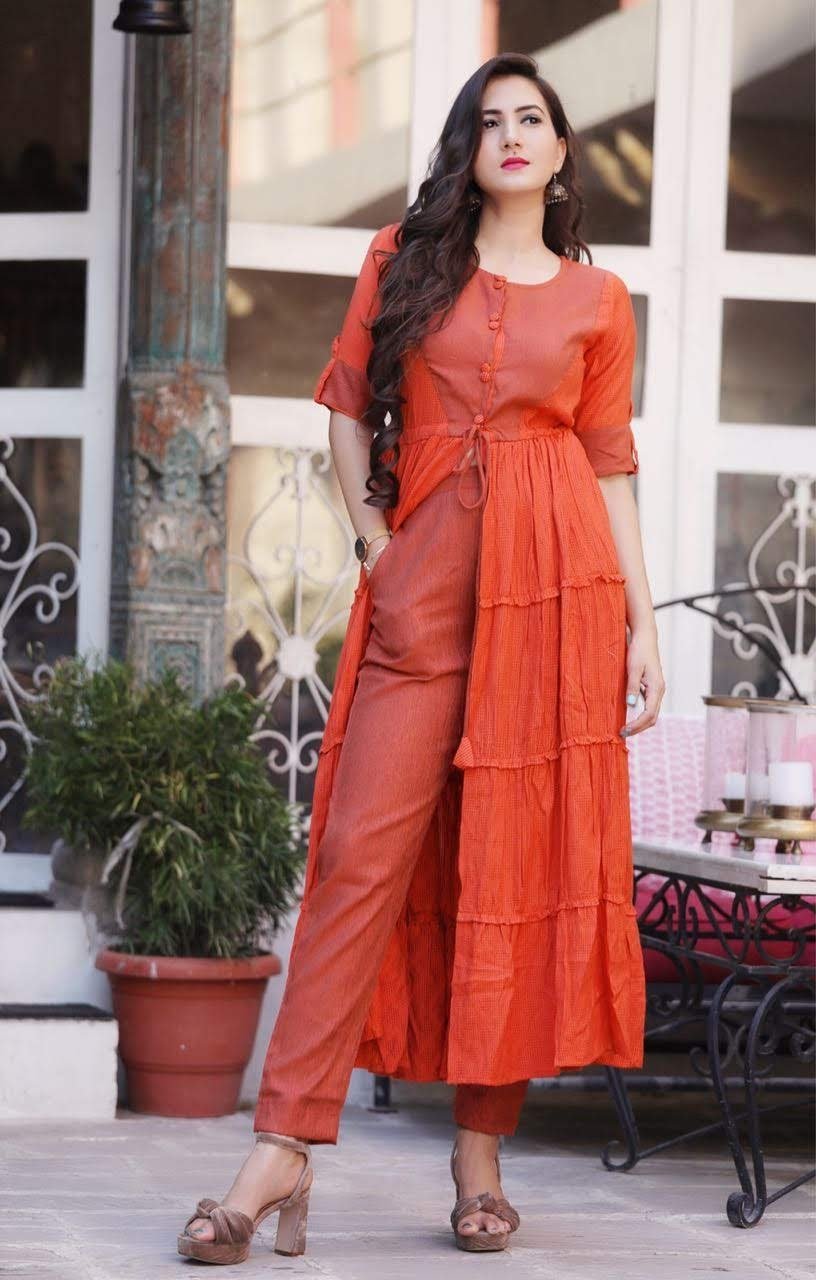 Red Color Rayon Women's Stitched Kurti With Pant