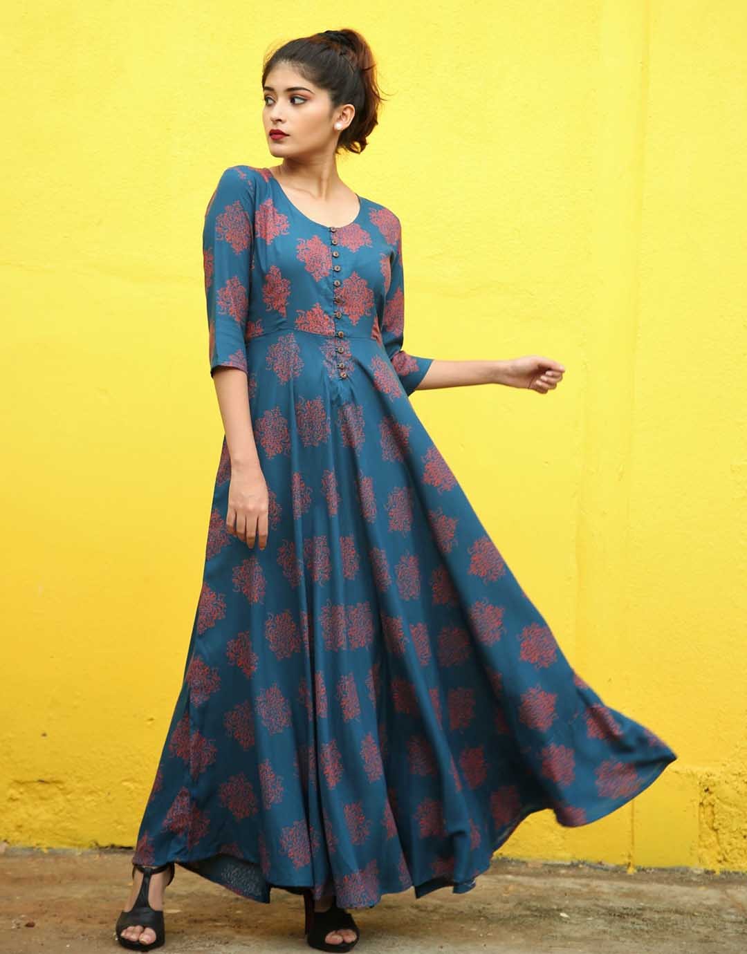 Blue Printed Fit And Flare Dress
