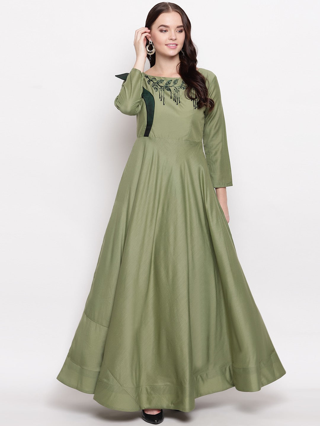 Green Silk Blend Embroidered Designer Readymade Gown