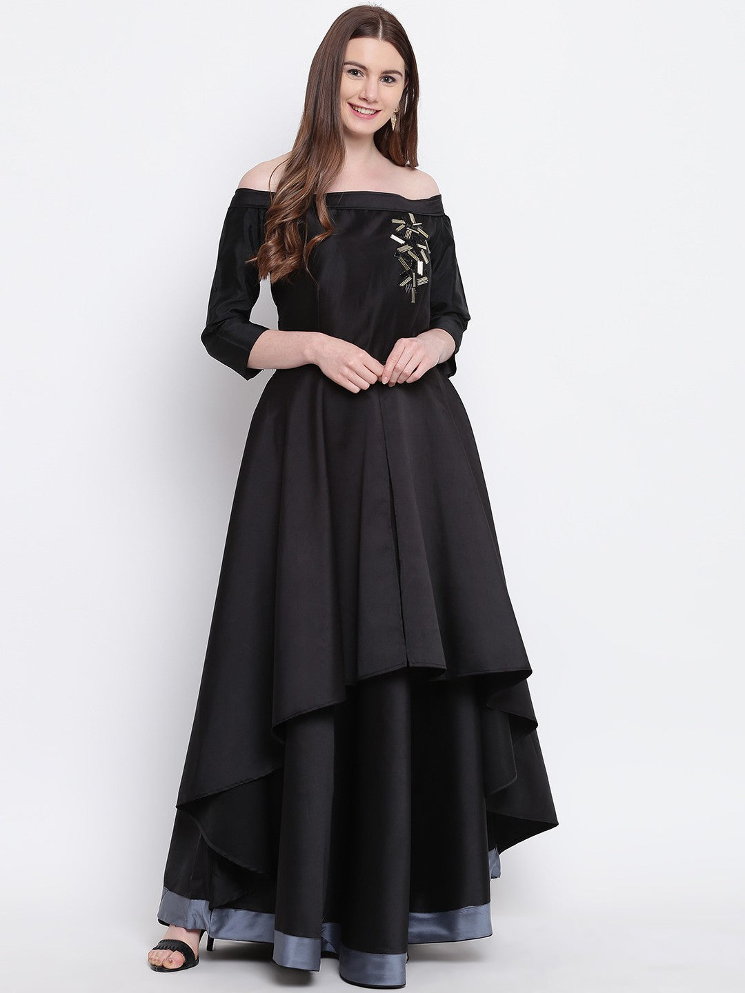 Green Silk Blend Embellished Asymmetrical Gown