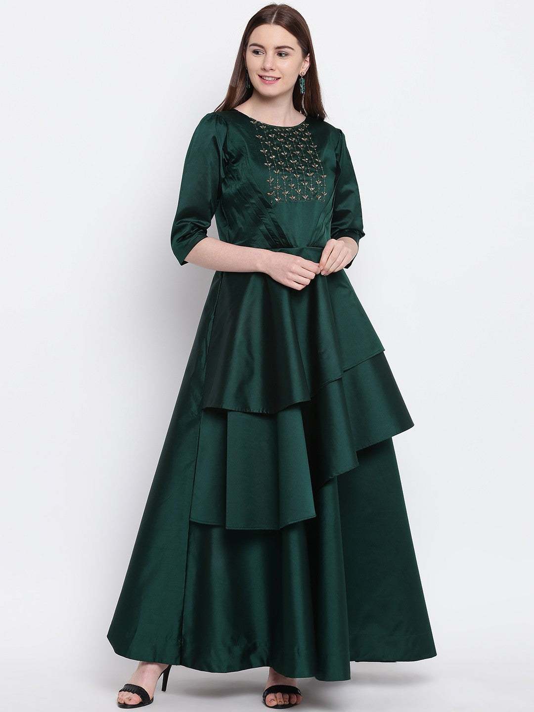 Green Silk Blend Embellished Asymmetrical Gown