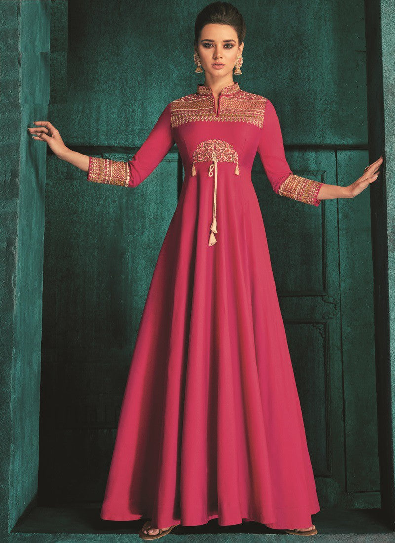 Craftsvilla Pink Silk Embroidered Circular Semi-stitched Gowns