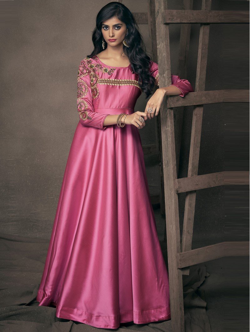 Pink Satin Designer Floral Embroidered Readymade Gown