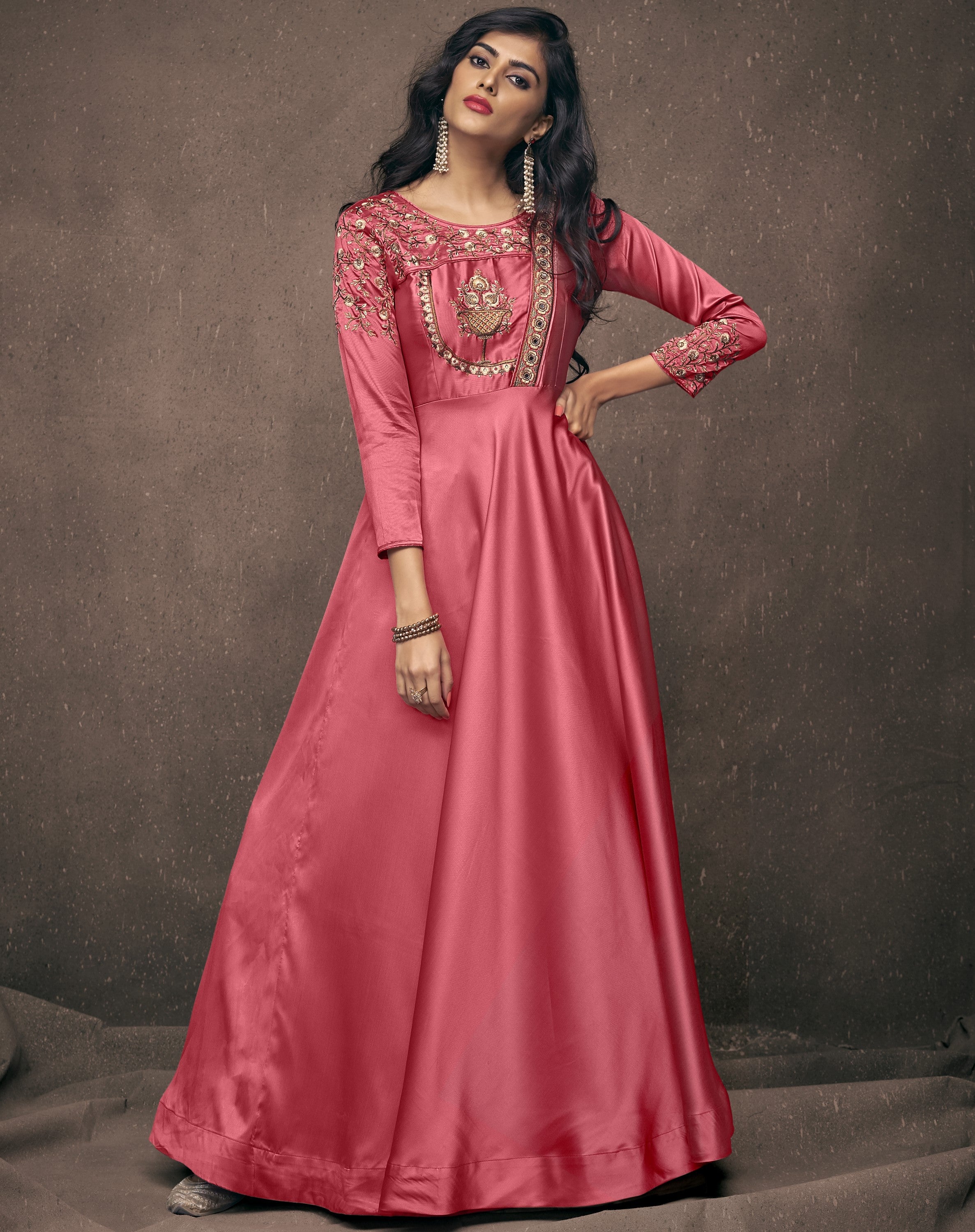 Peach Satin Designer Floral Embroidered Readymade Gown