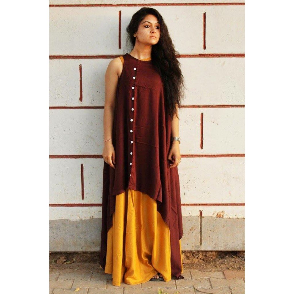 New Mustard And Brown Skirt Kurti