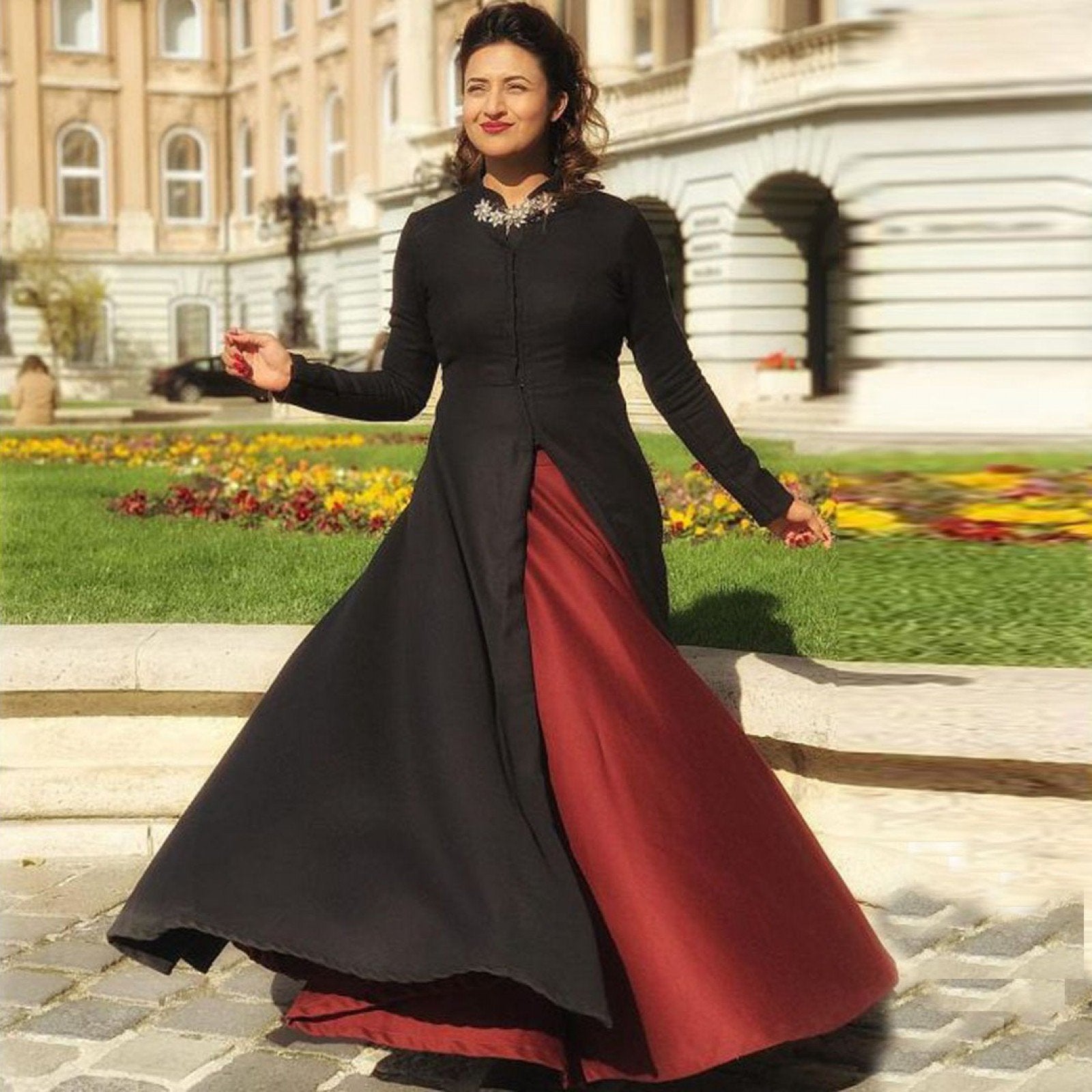 Ishita Taffeta Silk Indo Western Semi-Stitched Dress (Black Maroon)