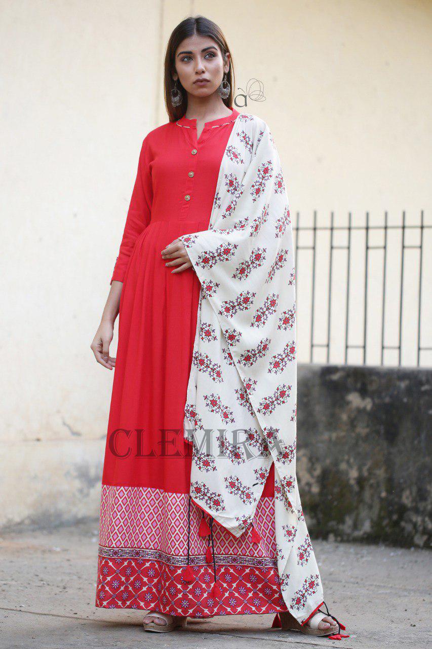 New Party Wear Red Gown With Designer Scarf