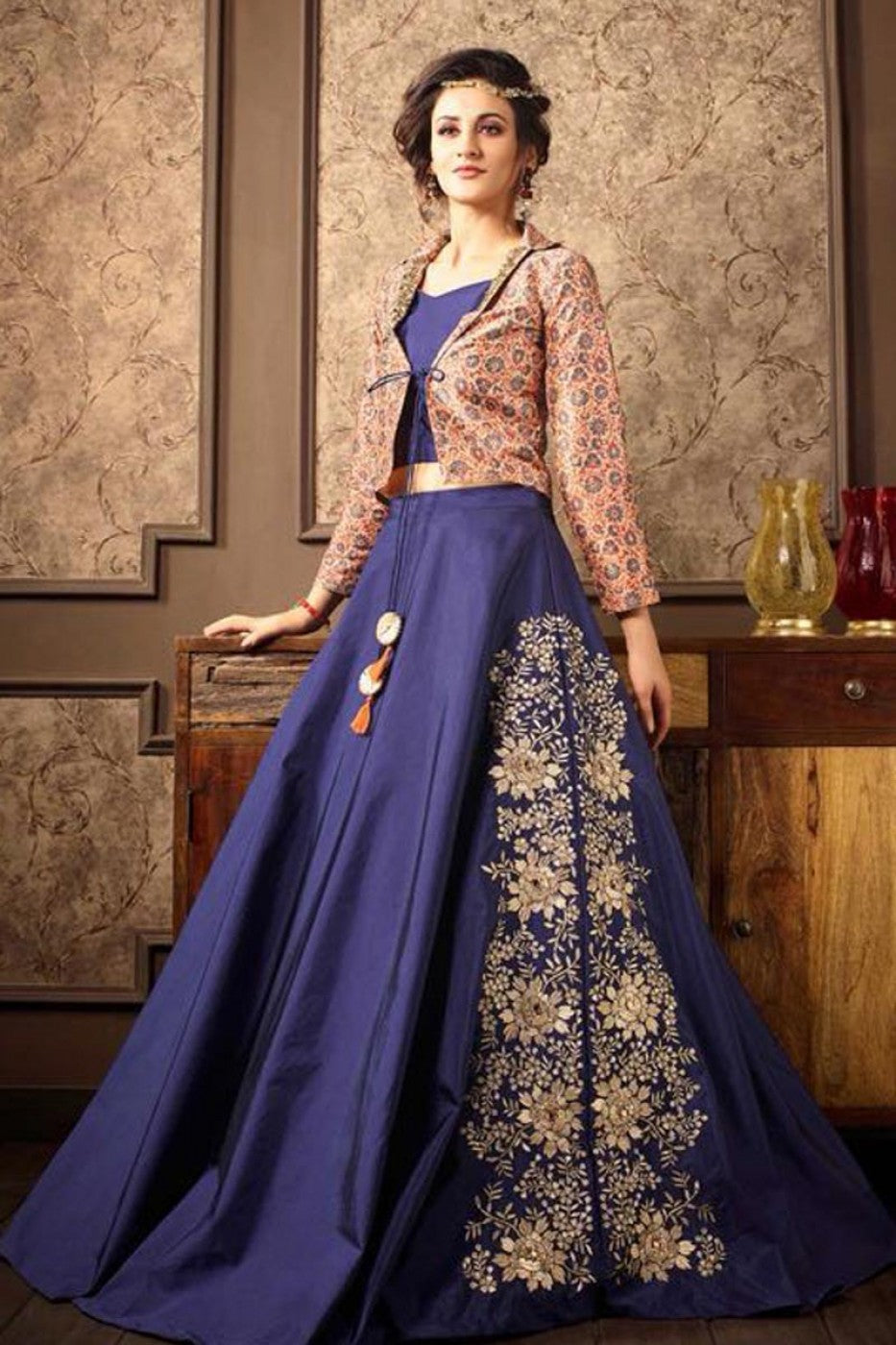 Digital Print On Blue Art Silk Indo Western 3 Piece Lehenga With Beautiful Blouse