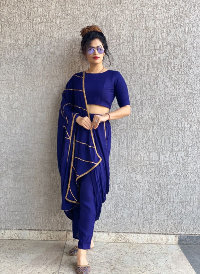 PURPLE DHOTI CROP TOP SET STITCHED