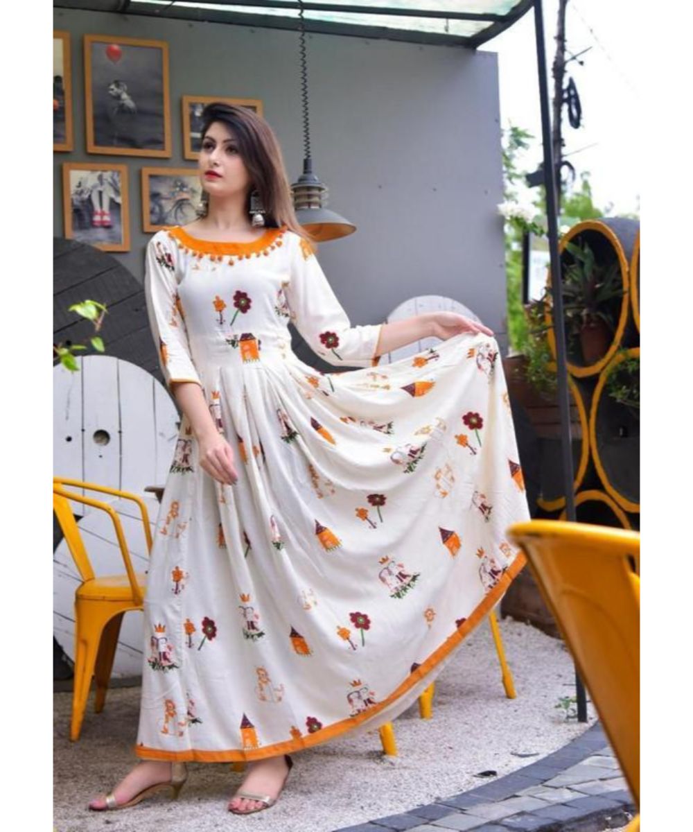 WHITE PRNTED ANARKALI FOR WOMEN & GIRLS
