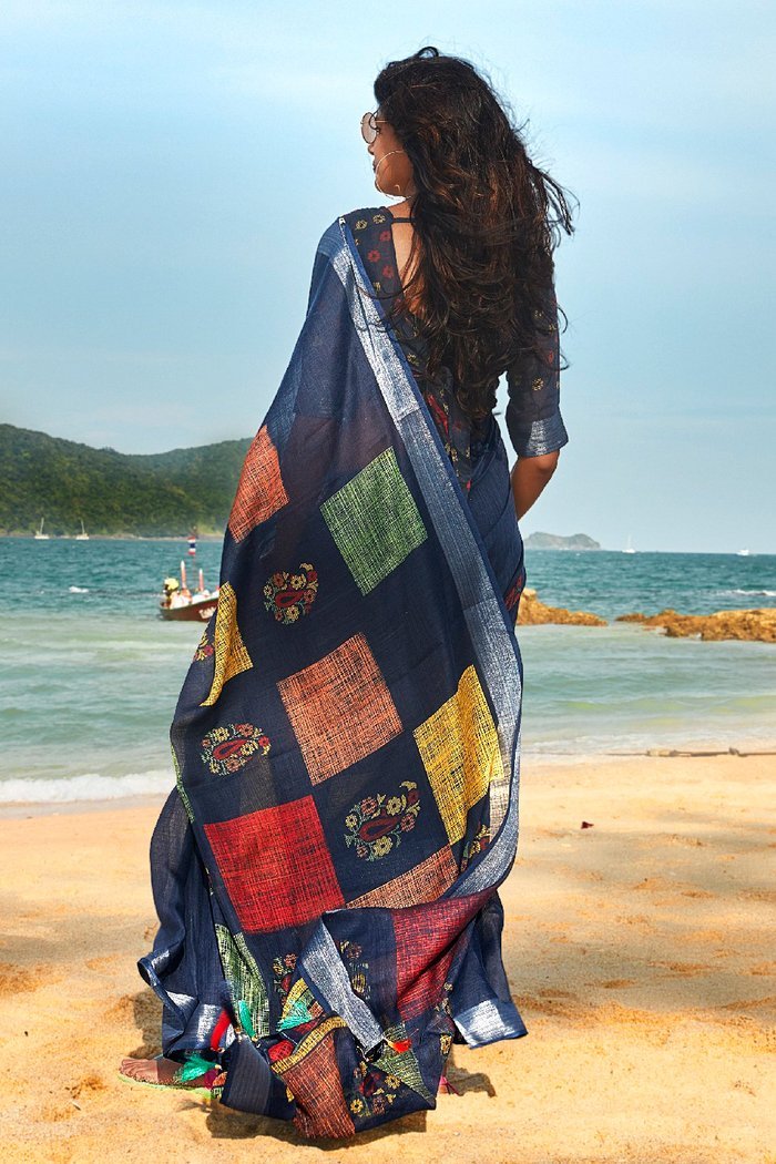 NAVY BLUE PRINTED SOFT COTTON LINEN OFFICE WEAR SAREE